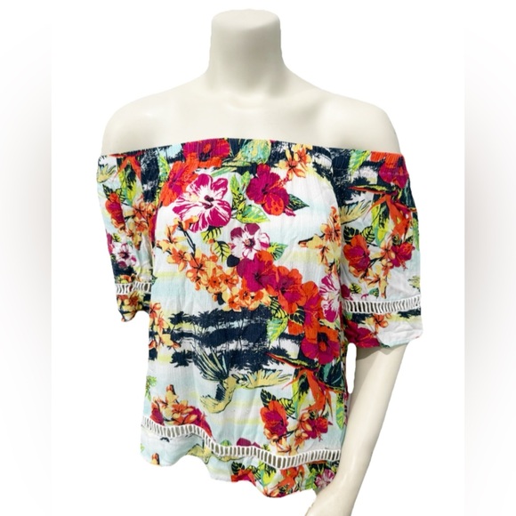 Westbound Petites PM Off Shoulder Floral Tropical Boho Peasant Blouse Top FLAW - Picture 1 of 9